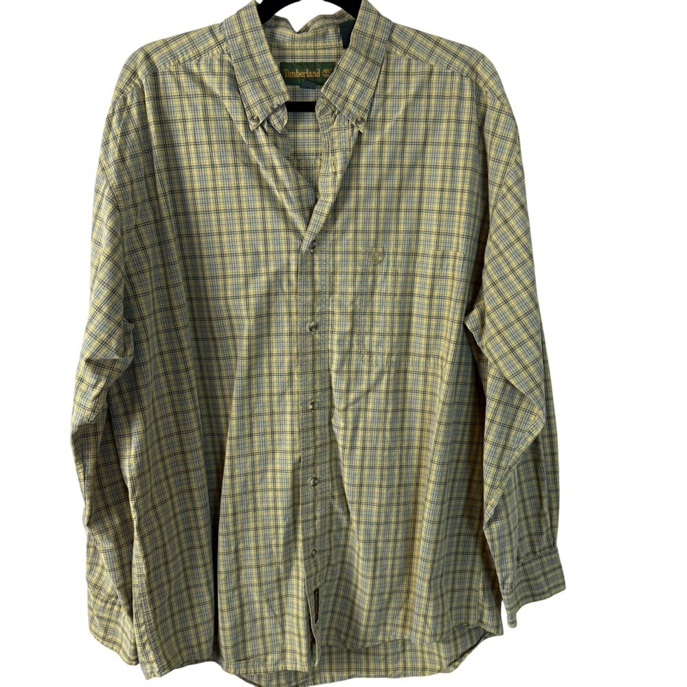 Timberland Plaid Button Down Shirt Mens L Yellow Blue Long Sleeve